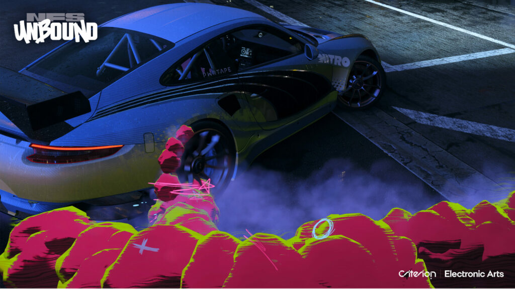Screenshot aus dem Rennspiel »Need for Speed Unbound« mit qualmenden Reifen.