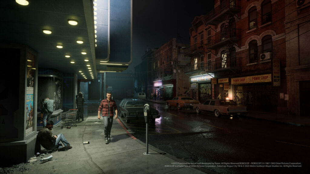 Ein Screentshot aus dem Spiel »RoboCop Rogue City« zeigt die heruntergekommenen Straßen von Detroit. 