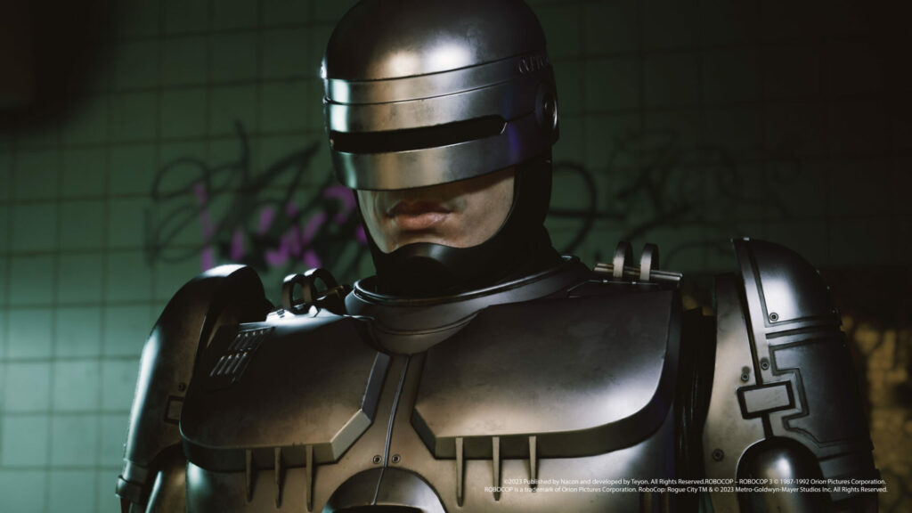 Ein Screenshot aus dem Spiel »RoboCop Rogue City« auf dem RoboCop zu sehen ist.