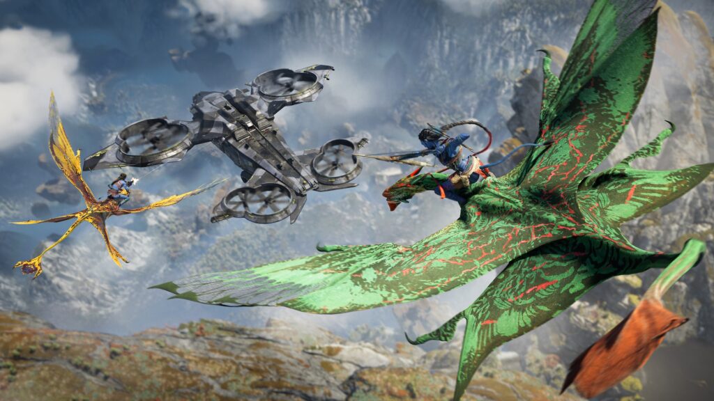 Ein Screenshot aus dem Spiel »Avatar: Frontiers of Pandora«: Ein Luftkampf.