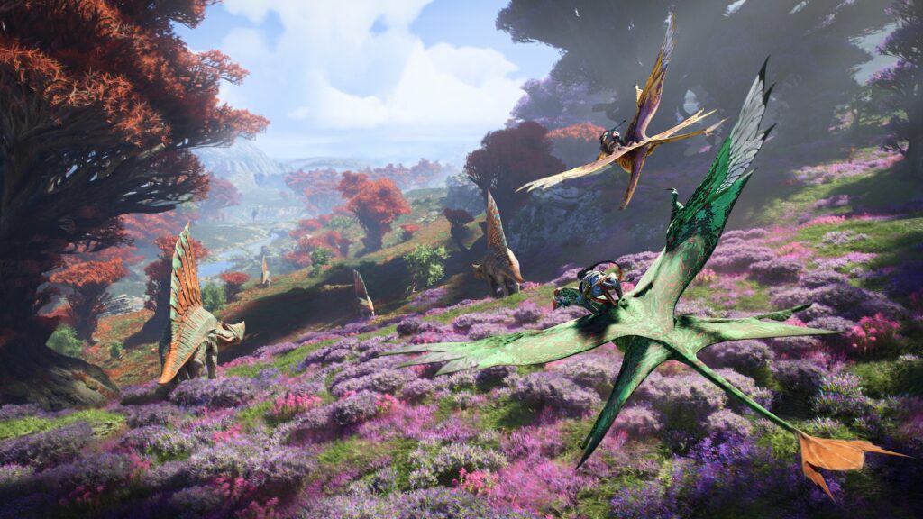Ein Screenshot aus dem Spiel »Avatar: Frontiers of Pandora«. Na'vi fliegen auf Turok.